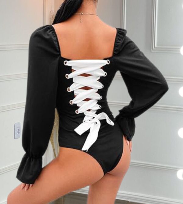 BLack Full Sleeves Lace Up Back Bodysuit - Image 3