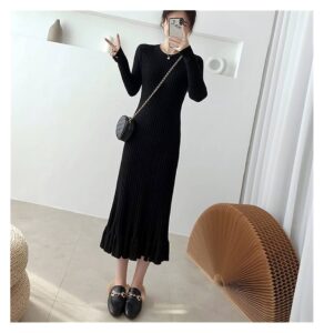 Mermaid Dress Thick Knitted One-Piece Dress Robes for Women Elegant Long Sleeve Midi Sweater Dress