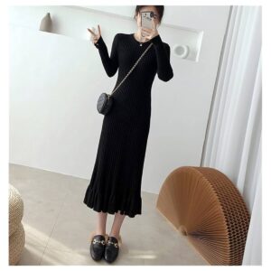 Mermaid Dress Thick Knitted One-Piece Dress Robes for Women Elegant Long Sleeve Midi Sweater Dress