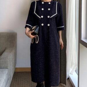 Korean Blue Tweed Dress Double Breast