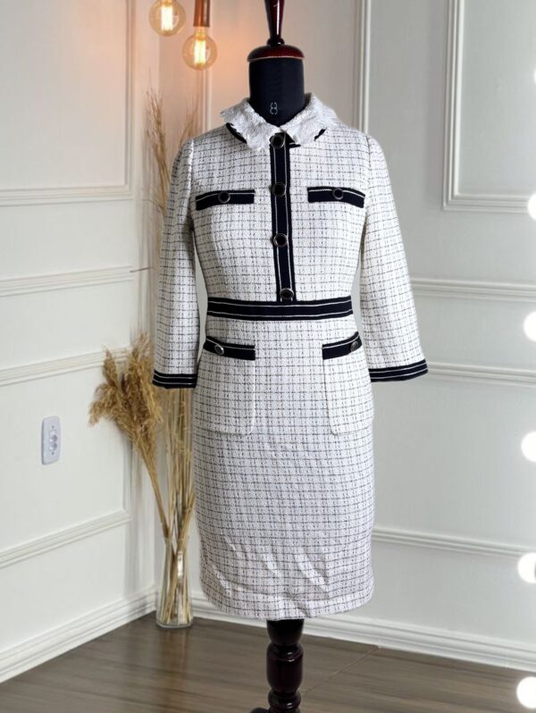 Korean Tweed Checkered Dress with Contrast Trim - Image 3