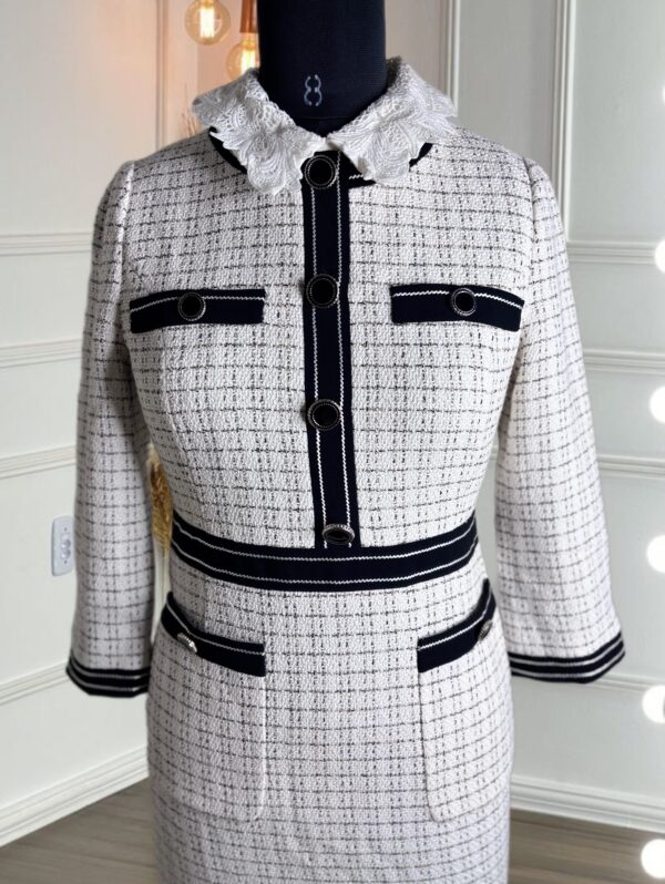 Korean Tweed Checkered Dress with Contrast Trim - Image 4