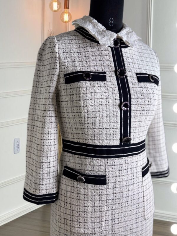 Korean Tweed Checkered Dress with Contrast Trim - Image 6