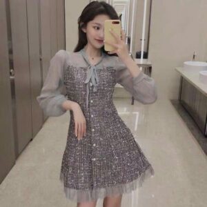Be Unique Upgraded shimmer bowknot mesh tweed dress in grey, perfect for elegant and chic occasions