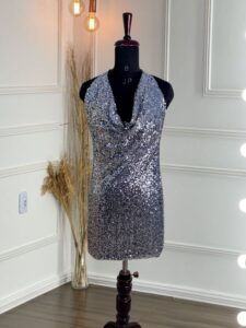 Silver cowl neck sequin mini dress in small size – sparkly party wear cocktail dress for women