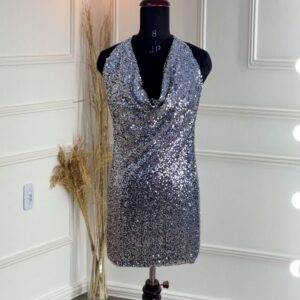 Silver cowl neck sequin mini dress in small size – sparkly party wear cocktail dress for women