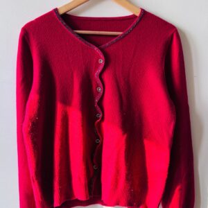 Red Cardigan With a Beaded Trim and Button-Up Front