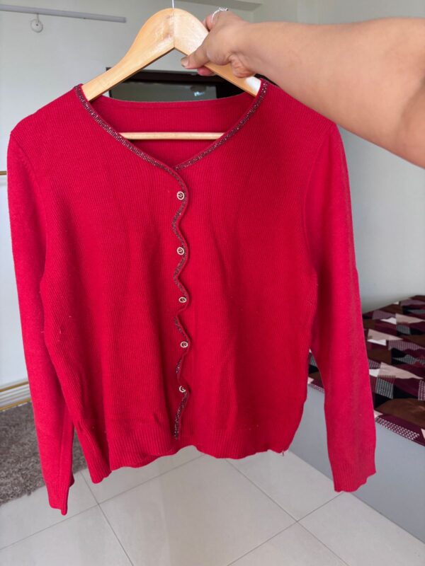 Red Cardigan With a Beaded Trim and Button-Up Front - Image 4