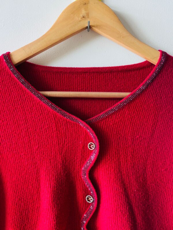 Red Cardigan With a Beaded Trim and Button-Up Front - Image 3